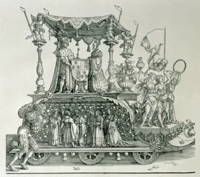 Die burgundische Hochzeit oder der Triumphzug von Kaiser Maximilian I. von Deutschland (1459-1519) zeigt den Hochzeitswagen von Maximilian und Maria von Burgund (1458-82), gesteuert von der Figur Vic